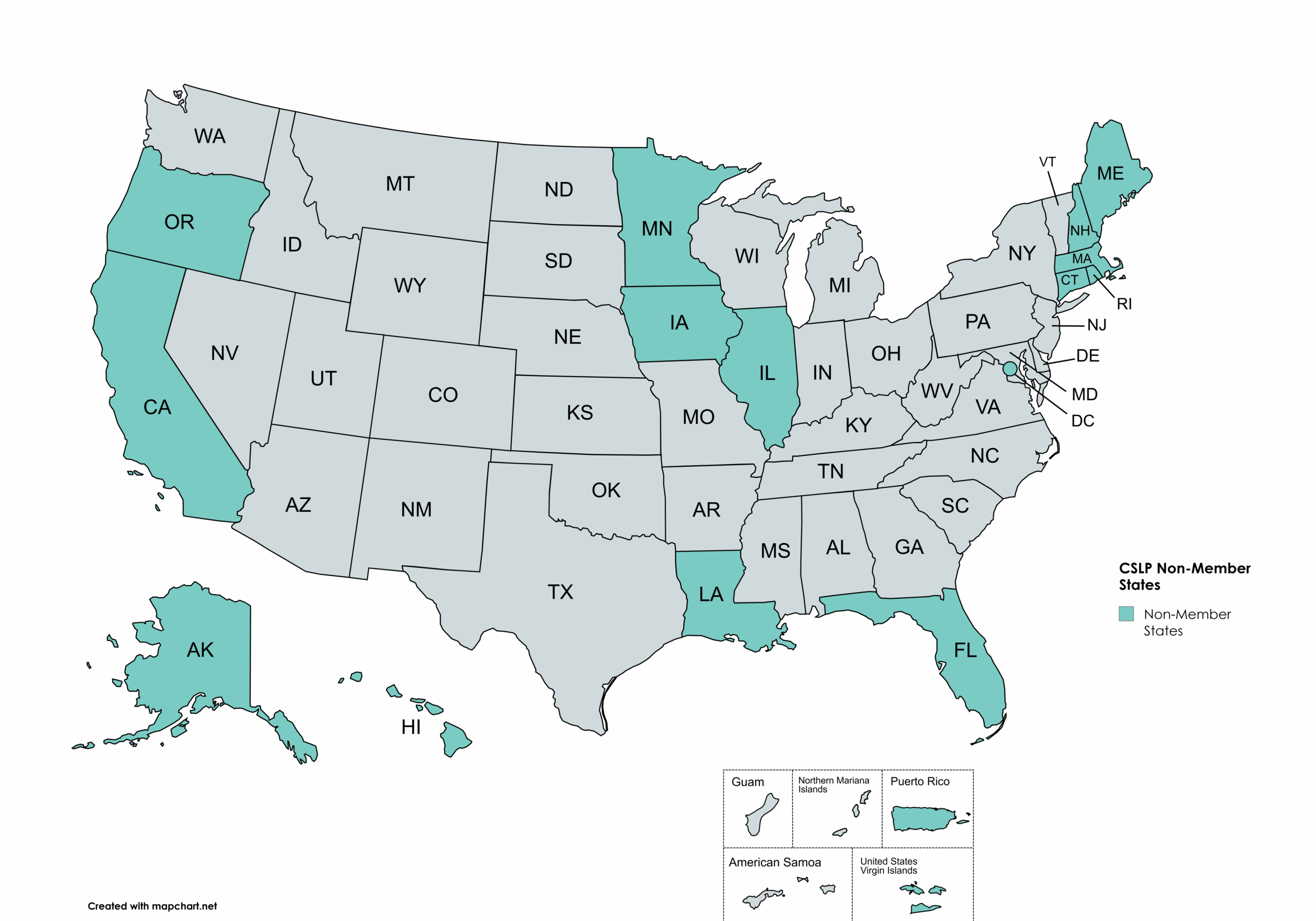 Map of the US and territories that highlights the CSLP non-member states