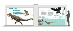dinosaurs on two panels with photo renderings of several dinosaur species and a viewer visible to one side reading the museum exhibit panels.