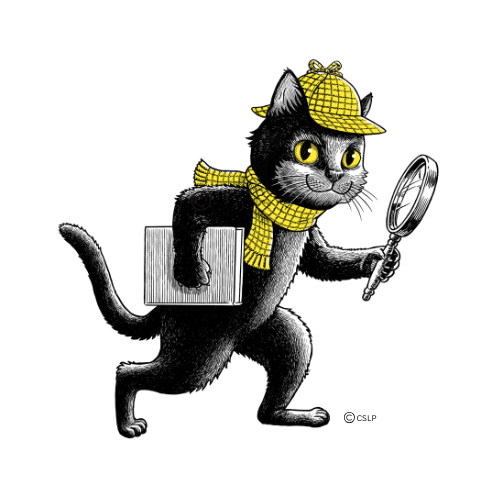 Inspector Whiskers, a black cat detective wearing a yellow deerstalker hat and scarf, carries a magnifying glass and a book while walking confidently.